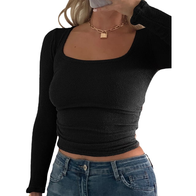 Fortune T-Shirt Basique pour Femmes à Encolure Dégagée, Manches Longues, Coupe Ajustée, Court