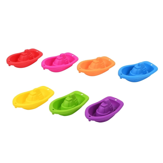 Kid Connection Stacking Boat Bath Toys 7 Pieces with seven stackable, flexible plastic boats in rainbow colours including red, pink, orange, blue, yellow, green, and purple, each boat numbered for learning counting and colour recognition, ideal for bath time play and coordination development.