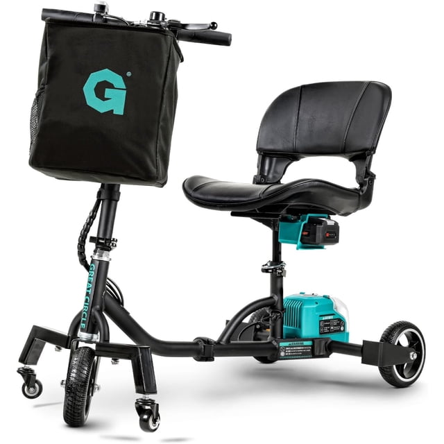G Brand Folding Mobility Scooter - 48V 2Ah Removable Battery, Lightweight, Long three-wheel travel scooter with 48V brushless motor and up to 6.5 miles (10 km) runtime, detachable battery, padded adjustable-height seat, flip-up armrests and front basket; collapses into five pieces for trunk transport and is often used for short urban trips or travel storage; intended for hard, flat, dry paved surfaces; non-medical device; 16+ years.