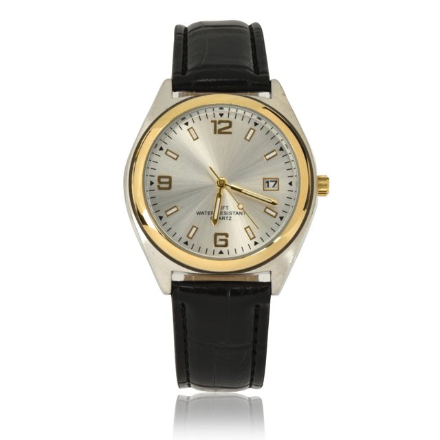 Classic Men's Black Strap Watch with two tone case featuring a 33mm silver sunray dial with gold markers and numbers, date window at 3 o'clock, black croco look PU strap, gold and silver stainless steel case, quartz movement, and 100ft water resistance, often used as a stylish everyday accessory.