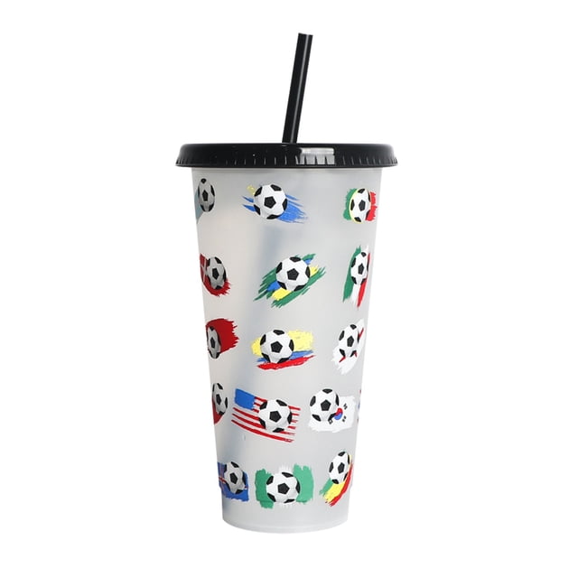 Harpily 50% Off Clear! Large Capacity Bag Creative Water Cup Football Cup PP Plastic Straw Cup Football Plastic Transparent Straw Cup 710ml Cold Change Temperature Sensitive Plastic Cup