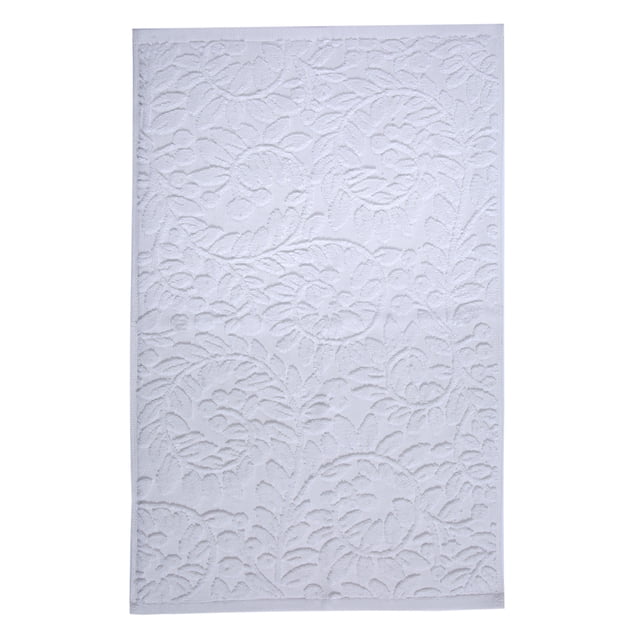 Holiday Time Botanical Swirl Hand Towels, 2-Pack, showing a white 100% cotton towel with an embossed botanical swirl pattern of leaves and floral shapes, soft and absorbent for bathroom or kitchen use, also suitable as a festive gift.