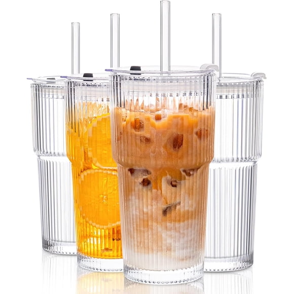 KEMORELA 4-Pack 20 oz Ribbed Glass Tumblers with Lids and Glass Straws – Vintage Iced Coffee Cups, Reusable Smoothie & Cocktail Drinking Glasses, Clear Glassware for Home or Cafe