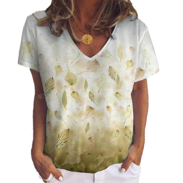 Nouveau Haut à Imprimé Floral pour Femmes Col en V T-Shirt à Manches Courtes Ample