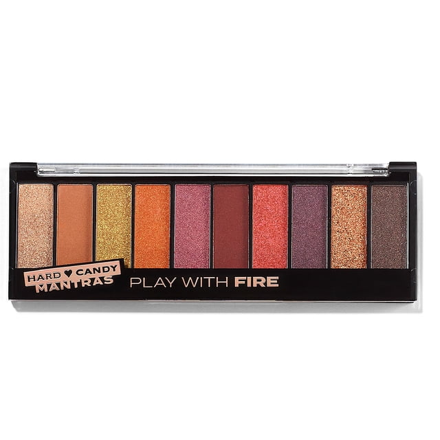 Hard Candy Top Ten Eyeshadow Palette Play With Fire with 10 long-lasting warm nude shades in matte, shimmer, and metallic finishes in a slim black case with clear lid, talc-free and vegan formula ideal for blendable, buildable eye looks.