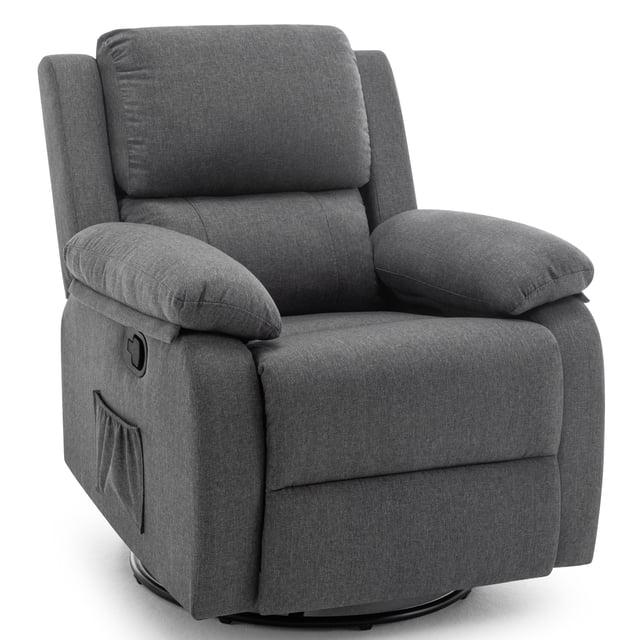 Korser Fauteuil Inclinable Pivotant à Bascule Petit pour Petits Espaces en Tissu de Lin Gris, Doté d'Une Inclinaison Manuelle Réglable de 105° à 165°, d'Une Pivotement à 360° et d'Un Mouvement de Balancement Doux de 30° Ce Fauteuil Inclinable compact Est Conçu avec des Coussins en Éponge à Haute Densité, des Poches Latérales pour le Rangement et un Cadre Robuste Pouvant Supporter jusqu'à 300 Lb. Idéal pour des Installations Gain de Place dans les Salons, les Chambres Ou les Cinéma Maison.