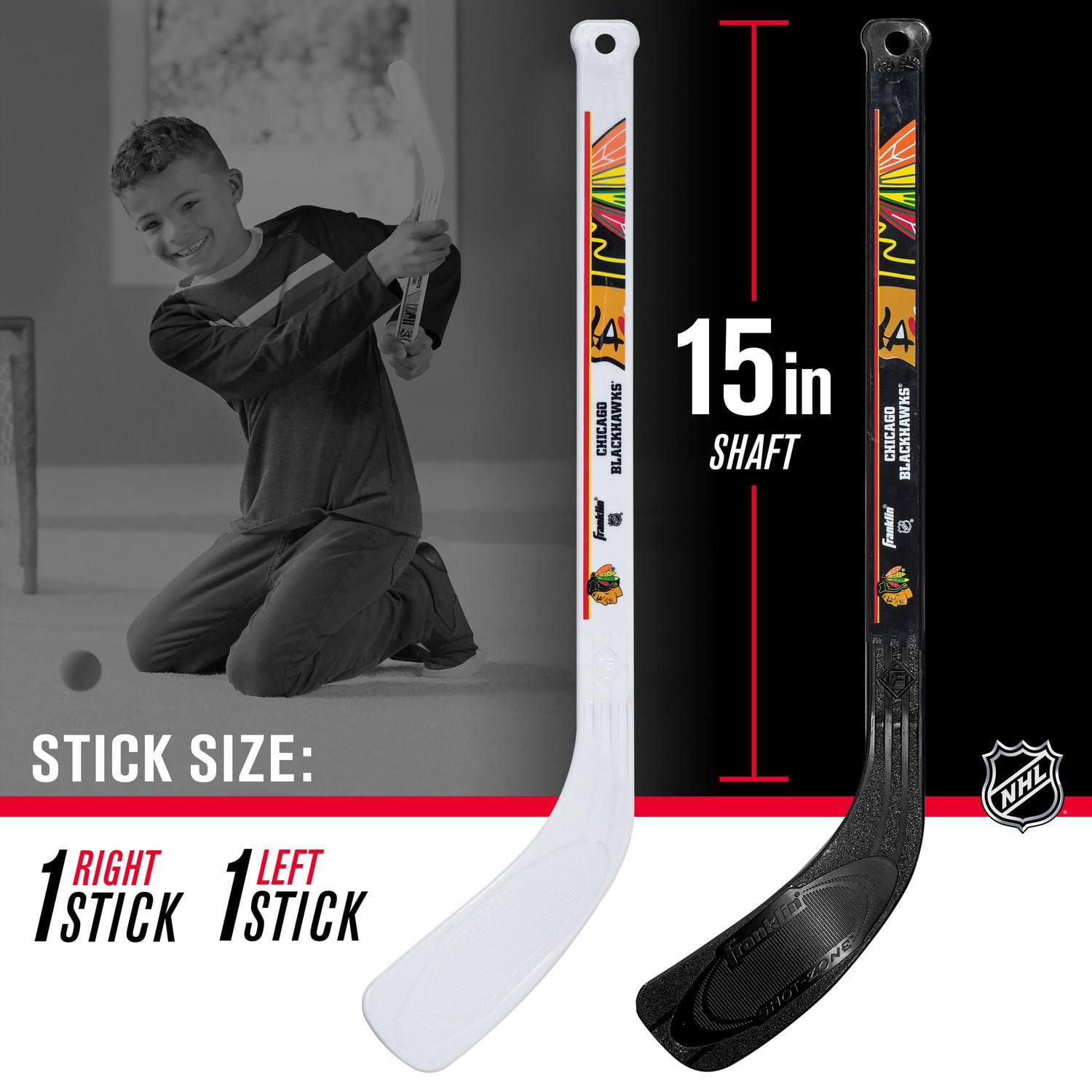 Franklin Sports Ensemble de mini hockey Blackhawks de la NHL – But de hockey intérieur pour enfants, ballon, 2 mini bâtons de hockey