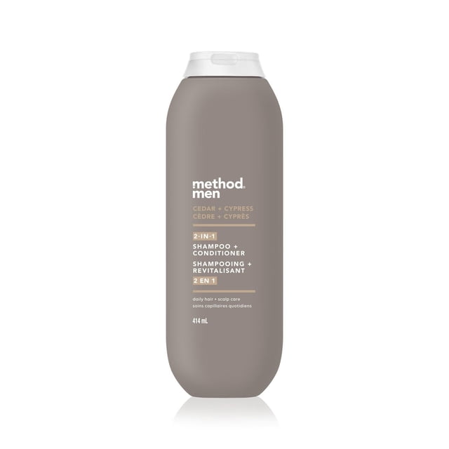 Method Men's Shampoo Cedar Cypress 2-in-1 shampoo and conditioner in a matte taupe 414 mL bottle with white flip cap, formulated for daily hair and scalp care with woodsy cedar and cypress scent, suitable for men's grooming routines.