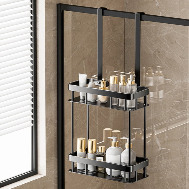 2-Tier Hanging Shower Caddy Over The Door Large Capacity Hanging Shower Organizer in black iron material, featuring two spacious shelves and multiple hooks for storage. This rustproof bathroom accessory is designed with drainage for quick drying and hangs securely over a 1.77-inch door without drilling. Includes a dedicated soap tray and adhesive strips for added stability, ideal as a shower storage rack for organizing bath products in a modern bathroom setting.