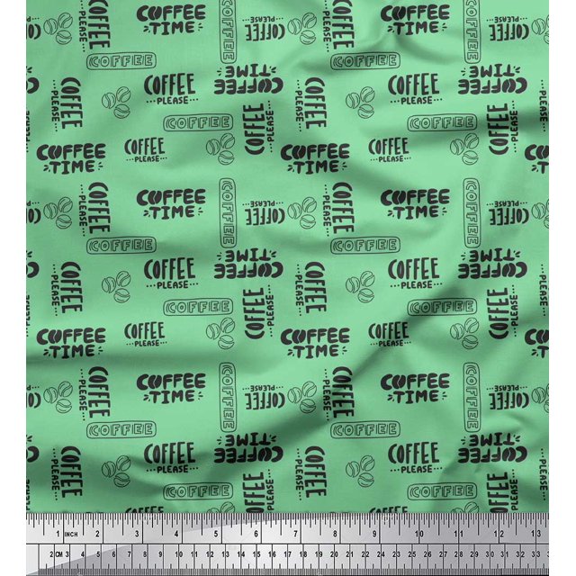 Soimoi Green Cotton Voile Fabric Coffee Time Text Print Sewing Fabric Yard 56 Inch Wide