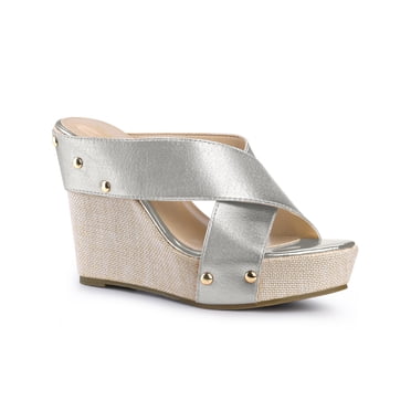 BLISSFUL STEP Chaussures pour Femmes à Plateforme Compensée à Brides Croisées Clous Tige en Tissu Sandales à Talons à Bout Ouvert Argent 8.5