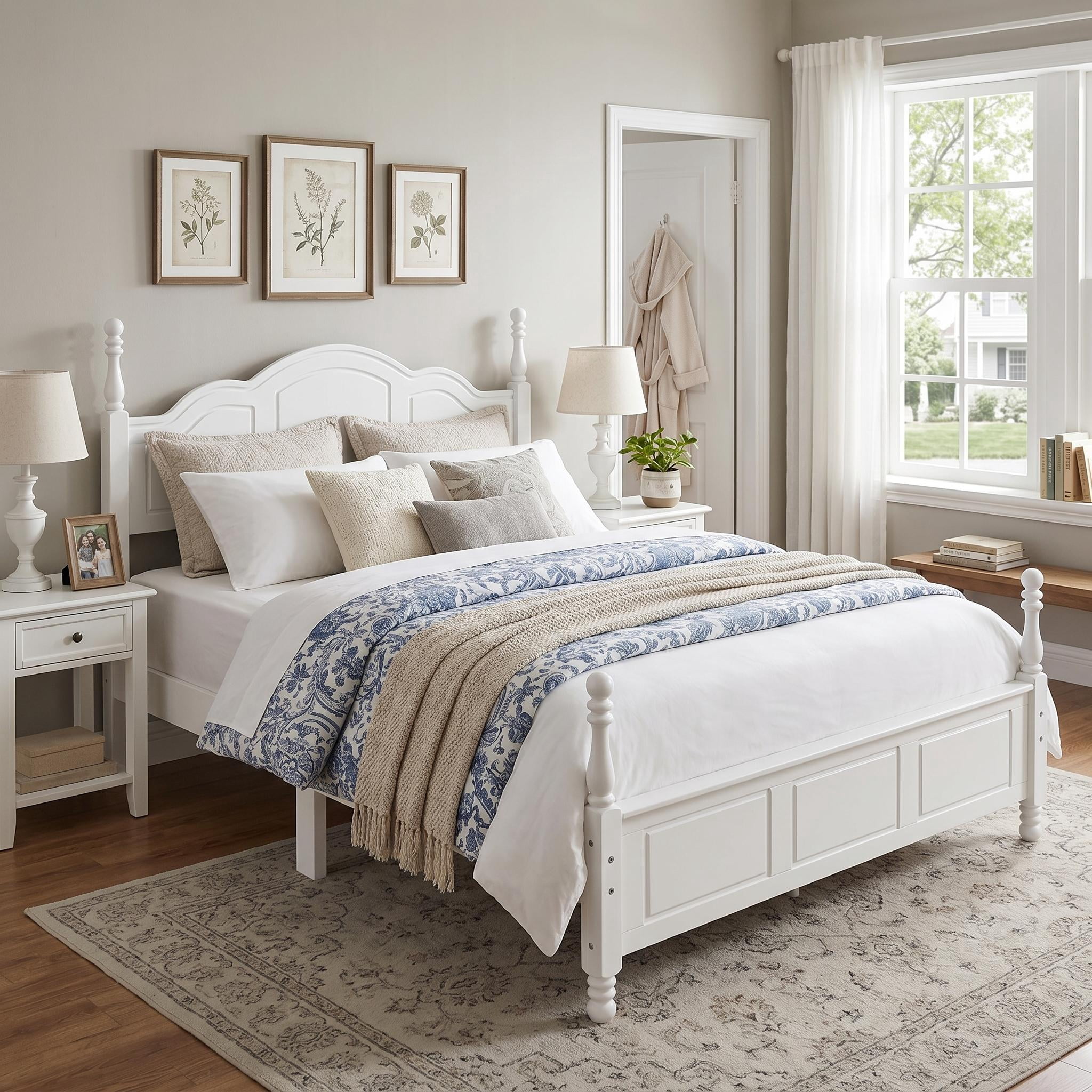 Homy Casa Lit Plateforme Queen en Bois, Blanc, Structure Robuste, Design Moderne, Montage Facile, Sans Sommier
