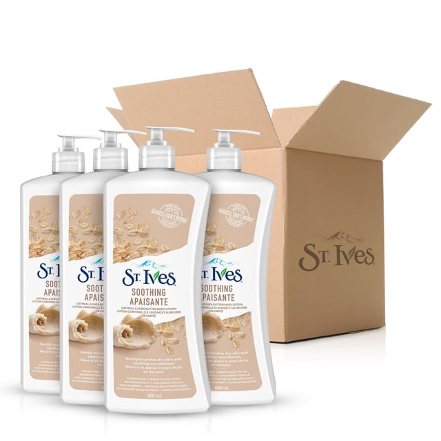 St. Ives Soothing Oatmeal & Shea Butter Body Lotion four-pack with 600 mL white pump bottles featuring oatmeal and shea butter visuals, arranged in front of an open brown cardboard box with St. Ives logo, designed to hydrate and soothe dry, sensitive skin using 100% naturally sourced moisturizers.