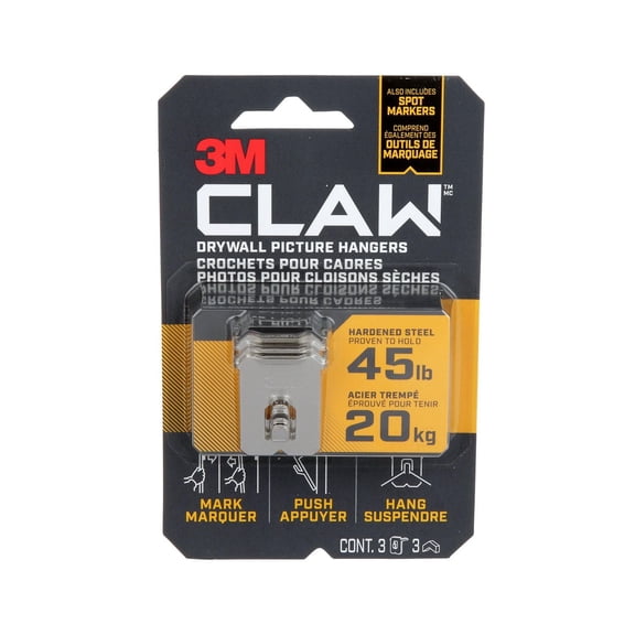 3M™ CLAW Drywall Picture Hanger with Temporary Spot Marker 3PH45M-5EF , Holds 45 lbs