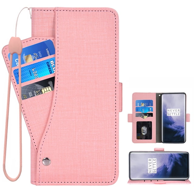 OnePlus 7 Pro Case, iCoverCase Genuine Leather Wallet Case Slim Fit Folio Book Design with Stand and Card Slots Flip Case Cover for OnePlus 7 Pro (Pink)