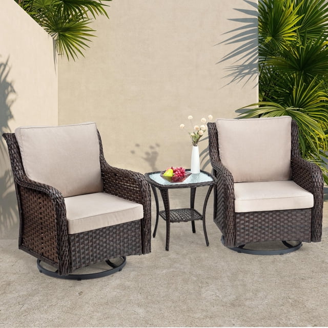 3 Piece Swivel Rocking Patio Chair Set with 4 Inch Thick Cushions, All Weather Wicker Glider Chairs and Coffee Table, 360 Degree Rotation Outdoor Furniture for Porch Balcony Deck, Blue Apricot Red