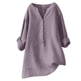 thumbnail image 1 of RKSTN Womens Tops Cotton and Linen V-Neck Long Sleeve Three Buttons Plus Size Tops Loose Fit Solid Color Basic Breathable Summer Tops Blouses, 1 of 5