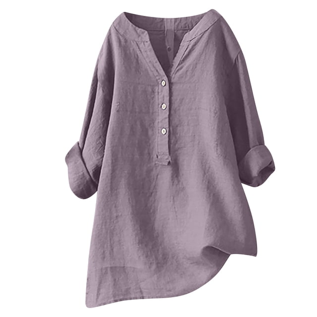 RKSTN Womens Tops Cotton and Linen V-Neck Long Sleeve Three Buttons Plus Size Tops Loose Fit Solid Color Basic Breathable Summer Tops Blouses