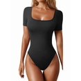 thumbnail image 1 of Women'S 2 Piece Bodysuits Ribbed Square Neck Short Sleeve Bodysuits Black L, 1 of 7