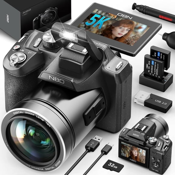 NBD Appareil Photo Numérique 64MP 5K à Mise au Point Automatique avec Wi-Fi et Contrôle par Application, Zoom 16X, Anti-Tremblement et Flash – Appareil Photo Compact pour Vlog et Voyage avec Carte SD et 2 Batteries