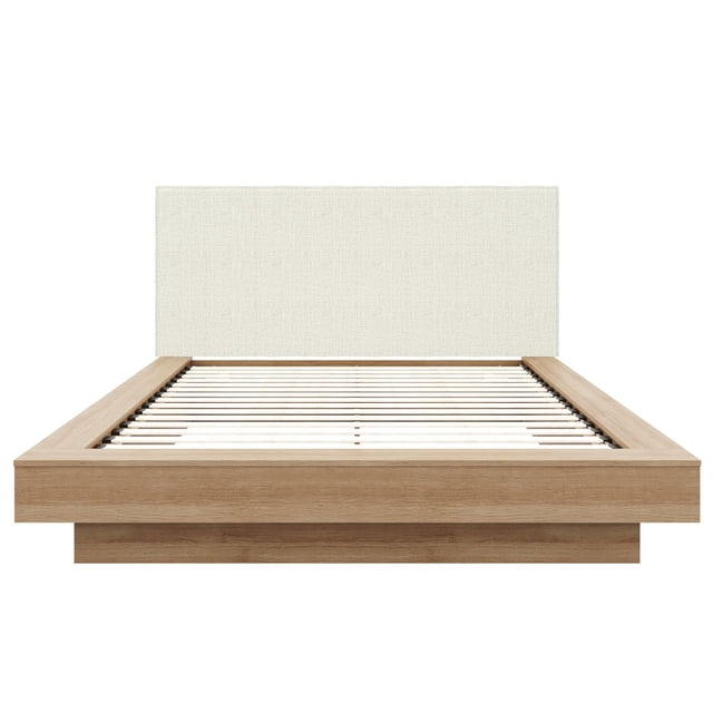 Lit Plateforme Format Grand Julian avec Tête de Lit Rembourrée, Doté d'Un Cadre en Bois Fini Chêne Clair et d'Une Tête de Lit en Tissu polyester Texturé Gris Brume, Vue Frontale avec Lattes en Bois pour Soutien du Matelas, Alliant style Moderne et Confort, Convient aux Meubles de Chambre.