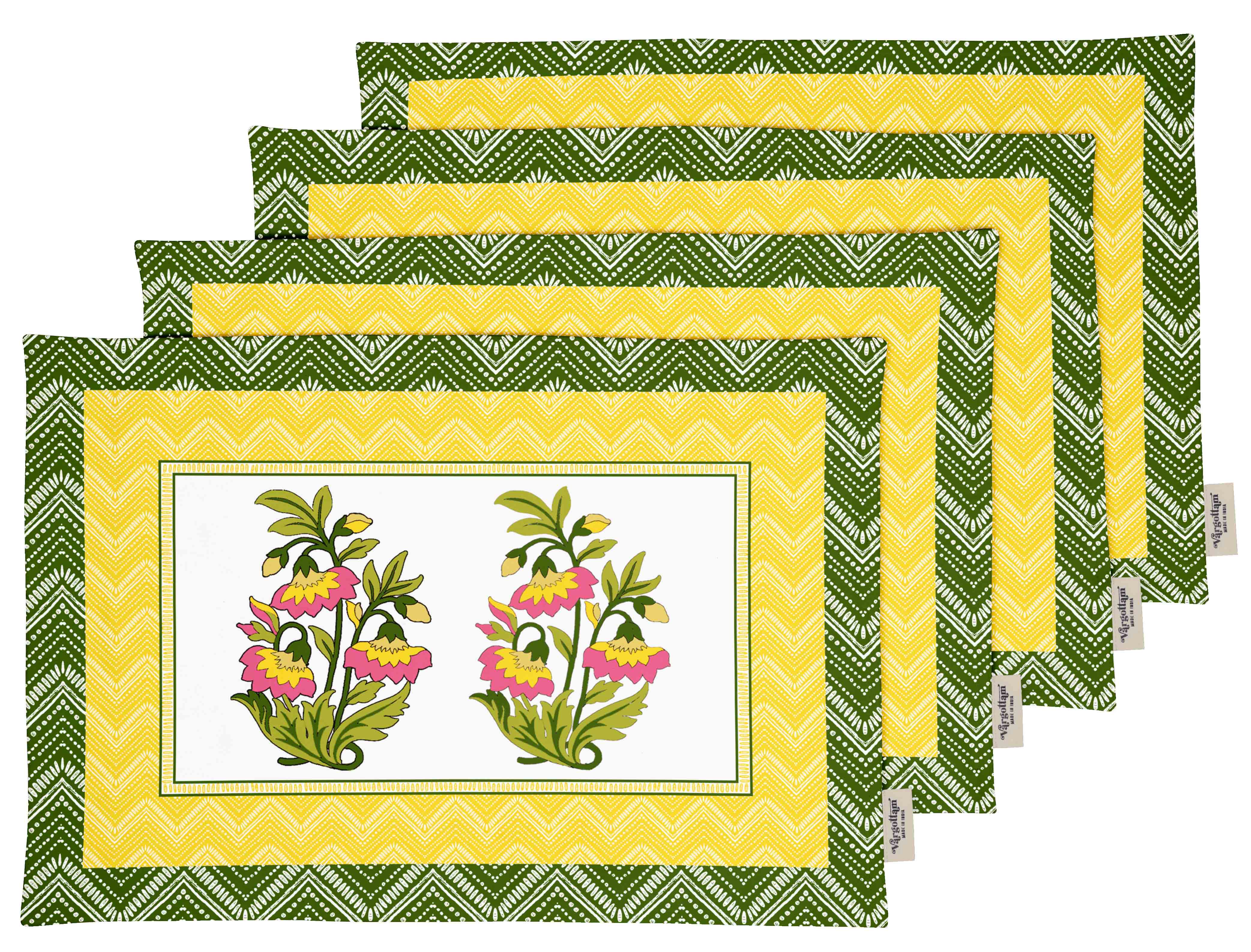 Vargottam Placemats- Placemat For Dining Table, Set Of 4- Printed & Reversible CottonNapkin-IndoorPlacematsFor Home & Kitchen Dining Table- Asian Block (Yellow)