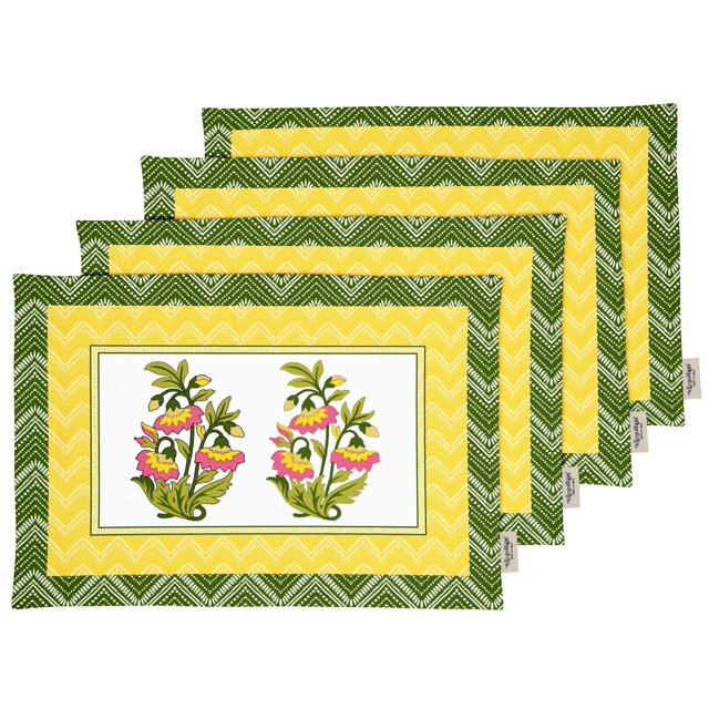 Vargottam Placemats- Placemat For Dining Table, Set Of 4- Printed & Reversible CottonNapkin-IndoorPlacematsFor Home & Kitchen Dining Table- Asian Block (Yellow)