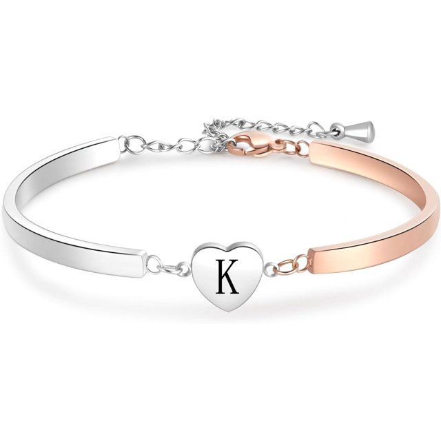 ORUYROP Rose Gold Heart Initial Letter Bracelets Engraved Alphabet 26 Letters Charms Cuff Bracelet Stainless Steel Expandable Personalized Name Jewelry