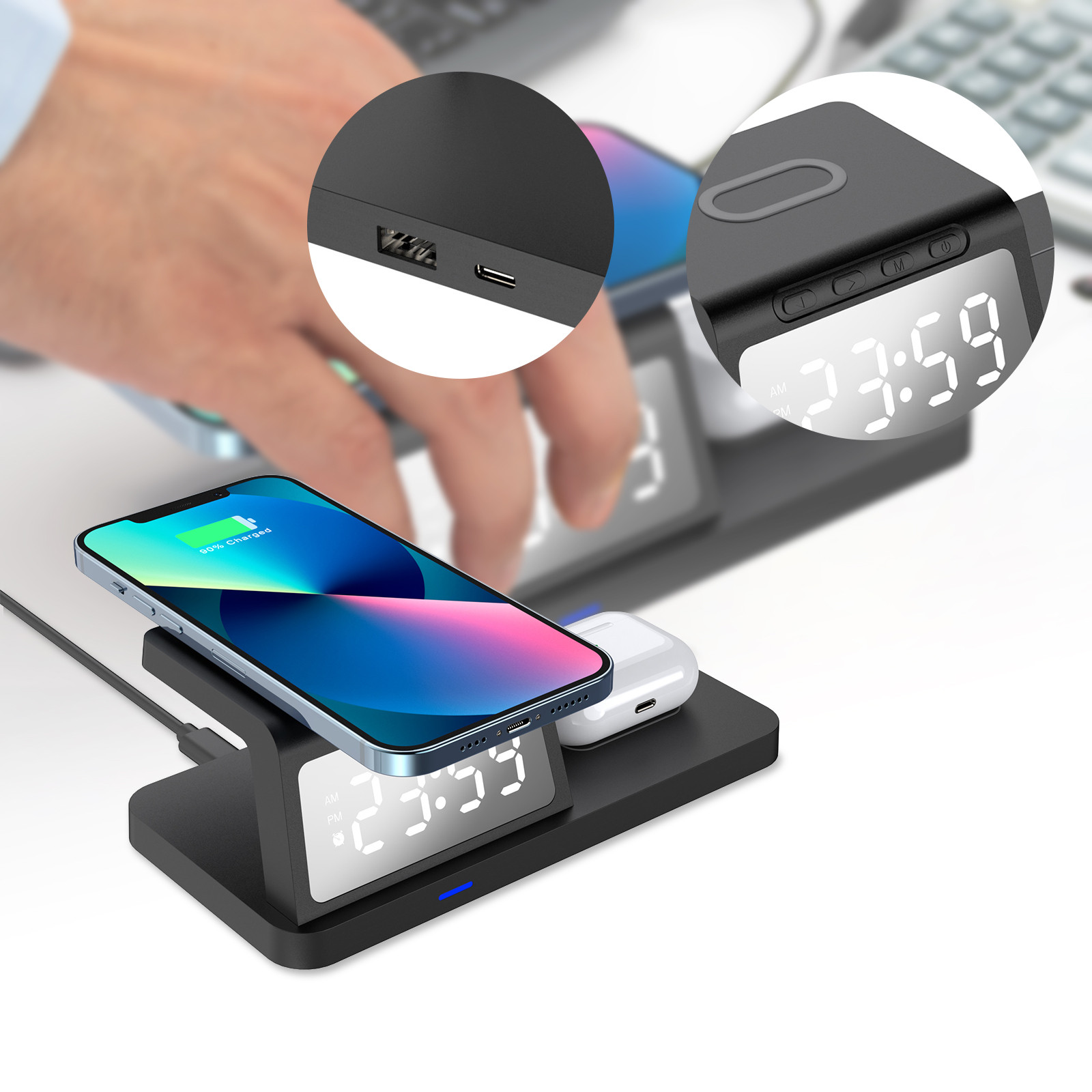 TIMIFIS Wireless Charging Station With Digital Alarm Clock Charging Station For Multiple Devices 15W Wireless Charger Stand IOS & Android -