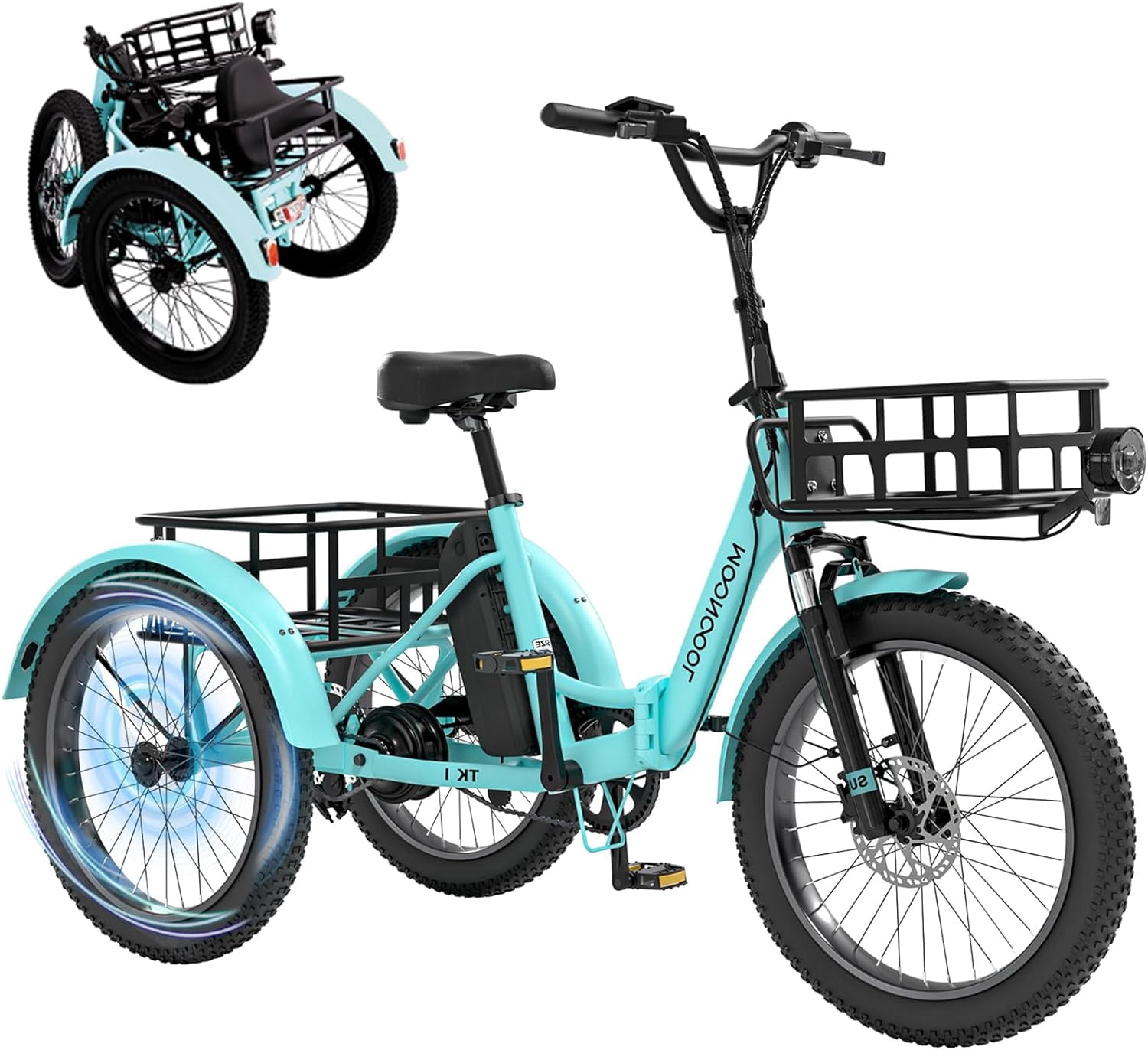 Mooncool Folding Electric Trike for Adults, 20" Fat Tire Foldable Electric Trike, 750W Motor 48V Removable Battery, 3 Wheel Electric Bicycle with Front & Rear Basket