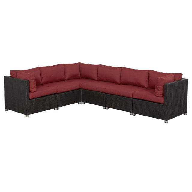 Innesbrook Collection 6-Piece Aluminum Patio Conversation Set with Red Cushions, modular L-shaped outdoor seating with rust-resistant powder-coated aluminum frame and dark PE resin wicker base, includes thick five-inch red cushions and back pillows, suitable for patio lounging and entertaining.