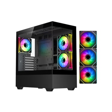 DIYPC ARGB-N5-BK Noir USB3.0 / Type C ATX Boîtier d'Ordinateur de Jeu Mi-Tour avec 2 x Panneau Latéral en Verre Trempé et 3 x Ventilateurs PWM ARGB Préinstallés, Prend en Charge la Prise Arrière BTF MB