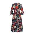 thumbnail image 4 of Pisexur Robes d'Été pour Femmes Mode Bohème à Imprimé Floral Robe Maxi Tunique Décontractée Taille Élastique Robe Soleil Col Rabattu Boutonnée Longue Robe Manches 3/4 Col en V Fluide Coton Lin Robe de Plage, 4 of 6