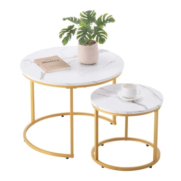 VEVOR Ensemble de 2 Tables Basses Gigognes Table Basse Ronde 23,6 Po (Blanc et Or)