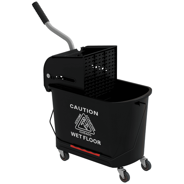 HOMCOM Seau Compact pour Vadrouille avec Essoreuse sur Roues, Capacité de 5 Gallons, Noir. Conçu pour un Nettoyage Efficace dans les Foyers Ou les Petits Espaces, Il Comprend une Essoreuse Ergonomique à Pression vers le Bas, un Panneau de Séparation de l'Eau et des Roulettes à Roulement Fluide. Idéal pour les Petites Vadrouilles, Fait de Plastique Moulé durable et d'Acier Enduit de Poudre.