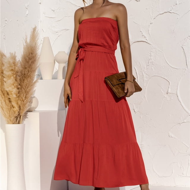 Gspmoly Robes pour Femmes, Robe Décontractée Unie Sans Manches à Épaules Droites à Dos Ouvert à Volants pour le Printemps et l'Été pour Femmes, Robes de Mariage pour Femmes Offres du Jour