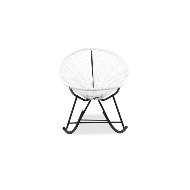 Acapulco Chaise Berçante Extérieure en Fil Métallique pour Patio avec Cadre en Métal Blanc - Plata Import, Vue Orientée vers l'Avant d'Un Siège Rond en Fil Tissé Blanc avec Cadre Berçant en Métal Noir, Idéal pour s'Asseoir à l'Extérieur sur patios Ou Balcons, Mesurant 34,5 Pouces de Haut, 28,5 Pouces de Large et 32,75 Pouces de Profondeur, Souvent Utilisé pour Se Détendre et un Balancement Doux.