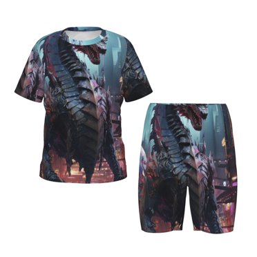 Easygdp Urban Mechanical Dragon for Short-Sleeve Tee and Sleep Short Pajama Set for Kids, 2-piece-Large