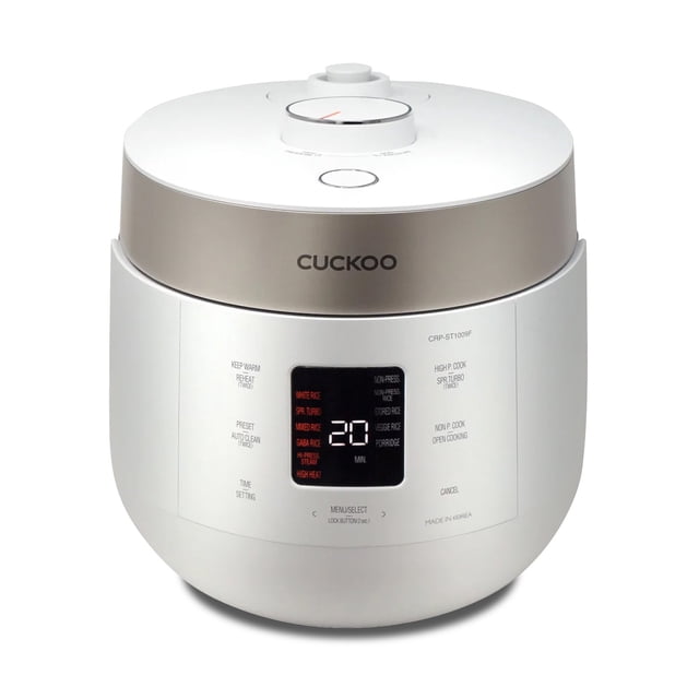 CUCKOO CRP-ST0609FW Cuiseur et Réchaud à Riz à Double Pression de 6 Tasses en Blanc, avec Chauffage par induction, une Casserole Intérieure Antiadhésive et un Panneau de Commande Numérique avec 16 options de menu. Comprend une navigation Vocale en Anglais, Chinois et Coréen, et une Fonction de Nettoyage Automatique pour Plus de Commodité.