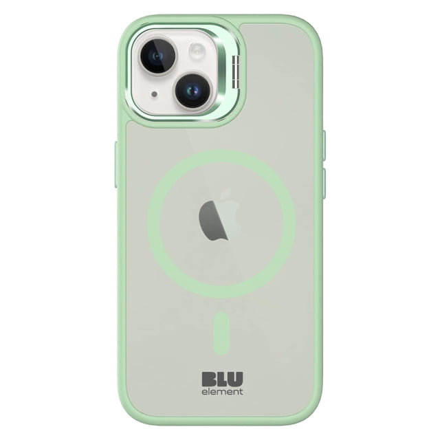 Blu Element Chromatic Kick MagSafe Case Light Green for iPhone 16e/15/14/13 with a slim, semi-transparent acrylic back, light green shock-absorbing edges, MagSafe compatibility, raised camera kickstand for extra protection, and precise button responsiveness.