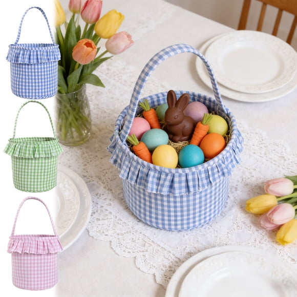 CQCYD Panier de Pâques 3 Pcs, Panier de Rangement en Tissu à Carreaux, Décoration de Fête de Pâques Bleu Ciel Rose Vert, Panier-Cadeau pour Bonbons, Décoration de Maison Décorations du Festival du Printemps