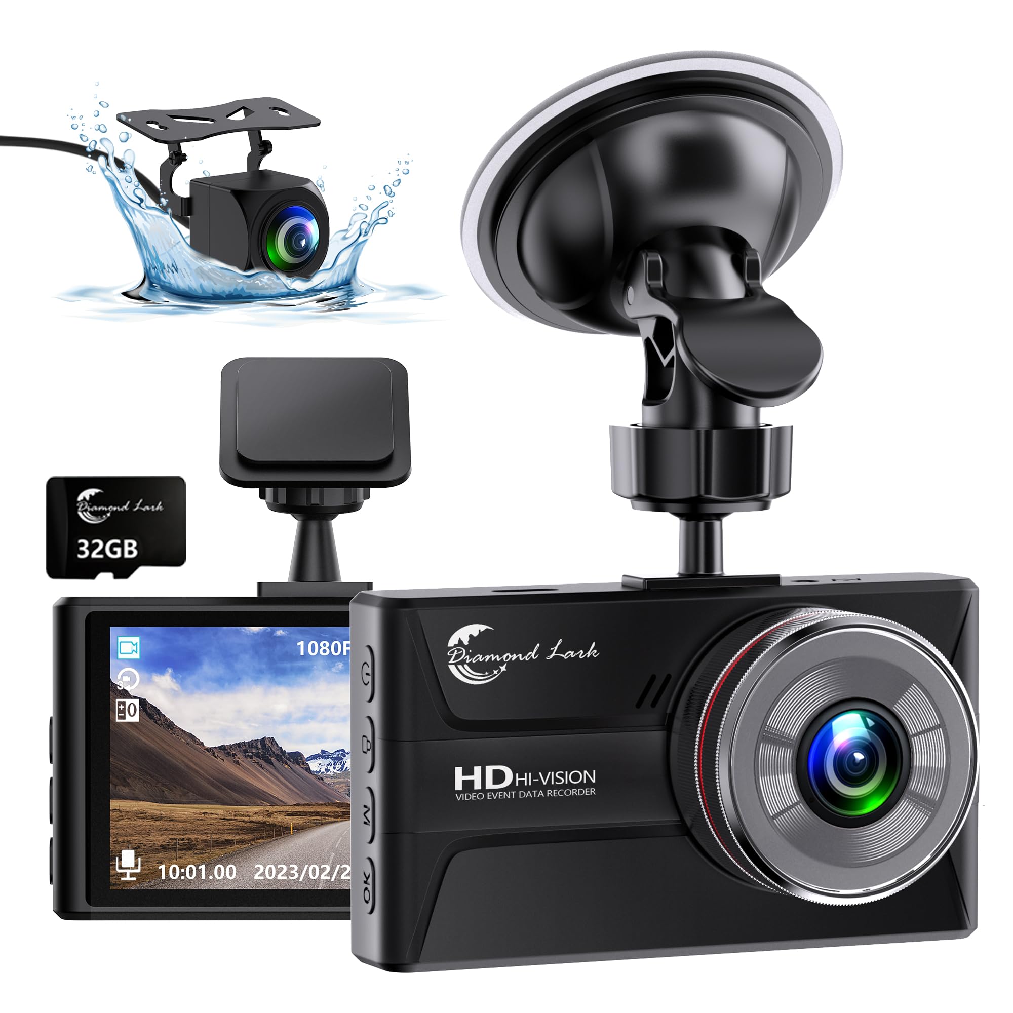 1080P Dash Cam Front and Rear with 32GB SD Card, Diamond Lark Dual Dash Camera for Cars, 3&acirc; LCD Screen Dashcam with Type-C Port, HDR, G-Sensor, Loop R