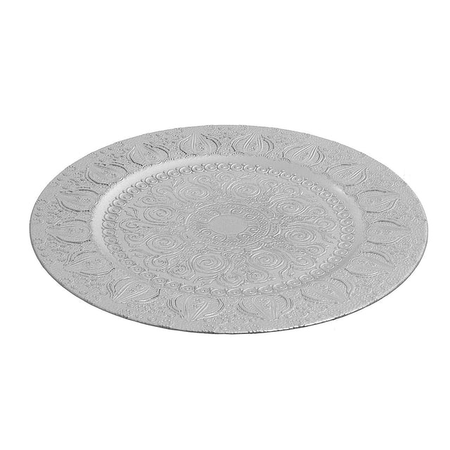 Charger Plate (Lily Bulb) (Silver) (13") - Set of 6 round silver melamine charger plates featuring an embossed lily bulb and swirl pattern, 13 inches in diameter, ideal for dining, catering, and elegant table decor.
