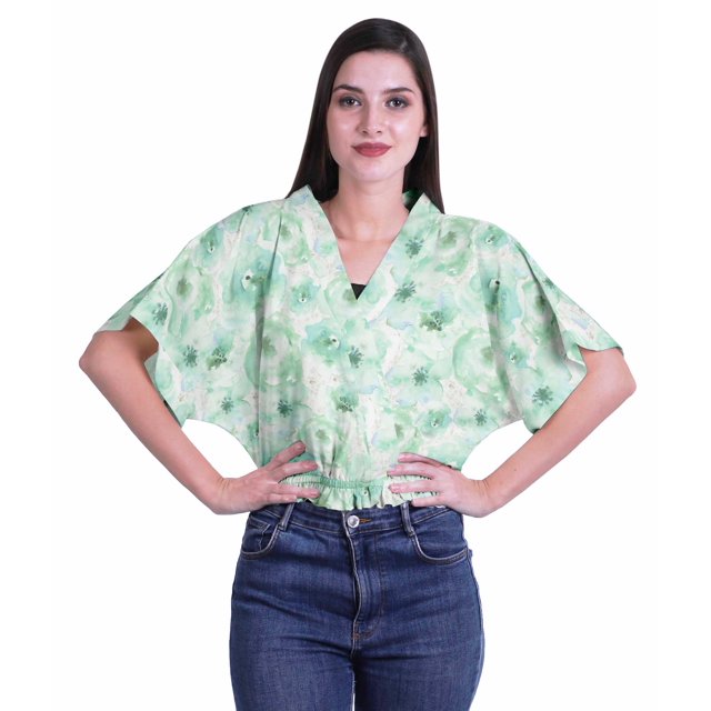 Moomaya Hauts Cache-Cœur pour Femmes Imprimés Taille Élastique Manches Boxy Blouse Cache-Cœur Décontractée