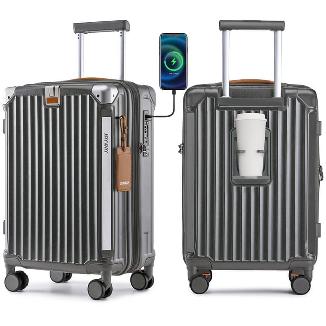 Joyway Valise Cabine Extensible Rigide de 20 Pouces en Gris, Dotée d'Une Étui PC+ABS durable avec ridges Verticaux, ports de Recharge USB/USB-C, Porte-Gobelet Intégré, Serrure Approuvée TSA et Fermetures Éclair YKK. Comprend Huit Roues Pivotantes à 360° et une Poignée Télescopique pour une Maniabilité Fluide. Montrée avec un Téléphone de Recharge et un Porte-Gobelet Intégré.