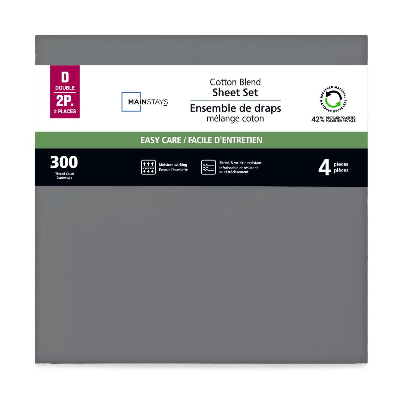 Mainstays 4-Piece 300 Thread Count Grey- CVC Cotton Blend Bed Sheet Set, Double (Adult)