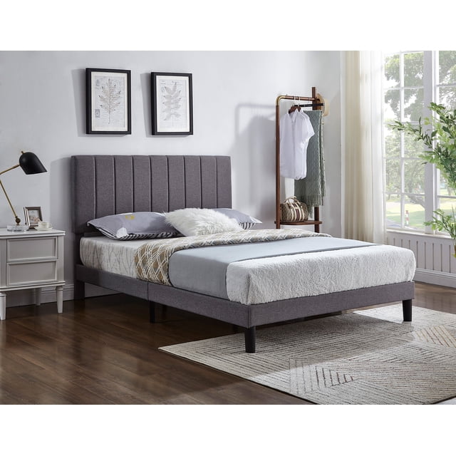 Grey Fabric Bed w Adjustable Headboard w Vertical Tufting - Queen