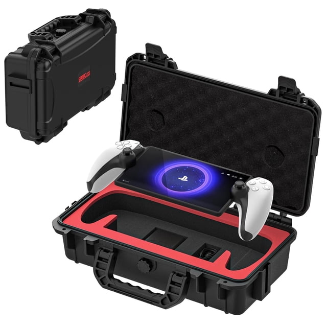 Carrying Case For PlayStation Portal Remote Player - Hard Shell Travel Case, designed for PS5 accessories. Made from durable ABS material with soft foam lining, it features customizable foam inserts, deep cutouts for the PS Portal, and dedicated slots for joysticks. Certified IP67 for water and dust protection, it measures approximately 13.38 x 8.26 x 4.13 inches and securely stores the console, charging plug, cables, and accessories.
