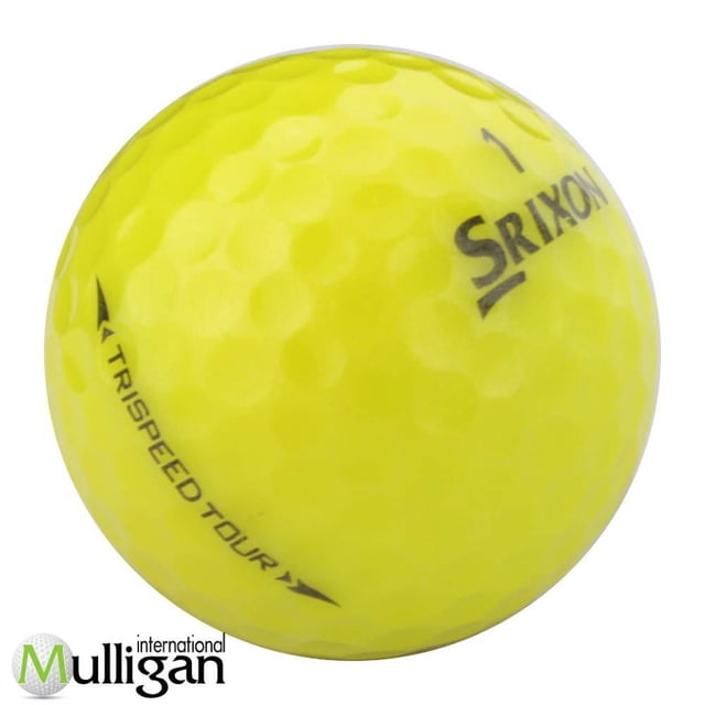 Mulligan - 36 Srixon TriSpeed Tour Yellow 5A Recycled Used Golf Balls showing a close-up of a single yellow golf ball with dimpled surface, black Srixon logo, number 1, and TriSpeed Tour branding on a white background, suitable for golfers seeking quality recycled balls with excellent tee-to-green distance and soft feel.