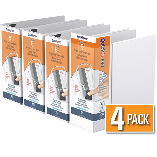 QuickFit® Pro Heavy Duty Single Touch Pin-Lock® View Binder, 4 Pack, 5" displaying four white binders with orange and white spine labels featuring the single touch Pin-Lock locking D-ring, heavy-duty polypropylene material, and customizable clear overlay for easy document identification in office and school use.